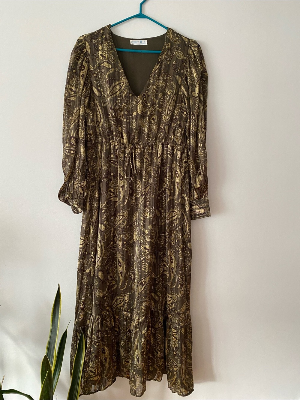 Olive and Gold Paisley Midi Dress